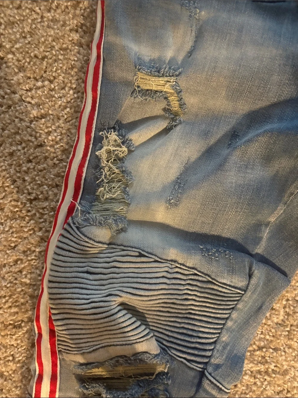 Light Blue Skinny Jeans with Red Side Stripes - Men's